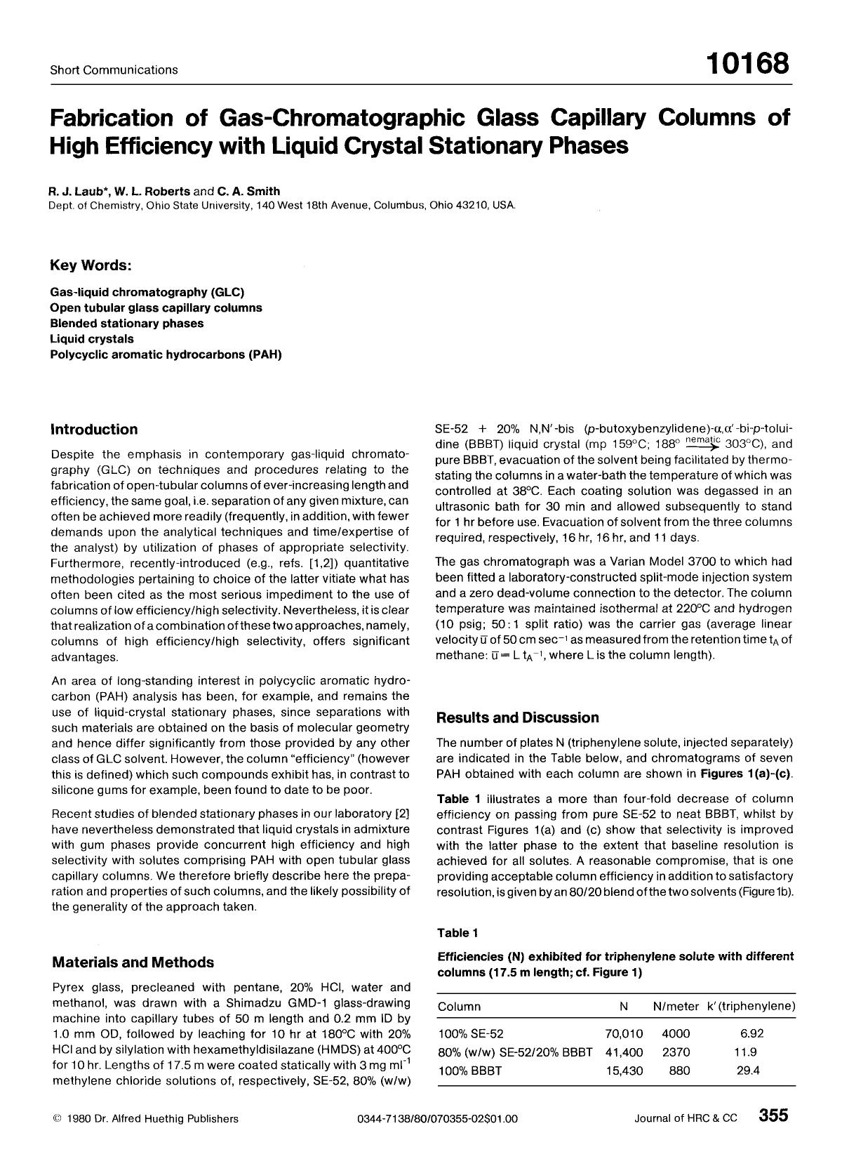 Fabrication of gas-chromatographic glass capillary columns of high efficiency with liquid crystal stationary phases by Unknown