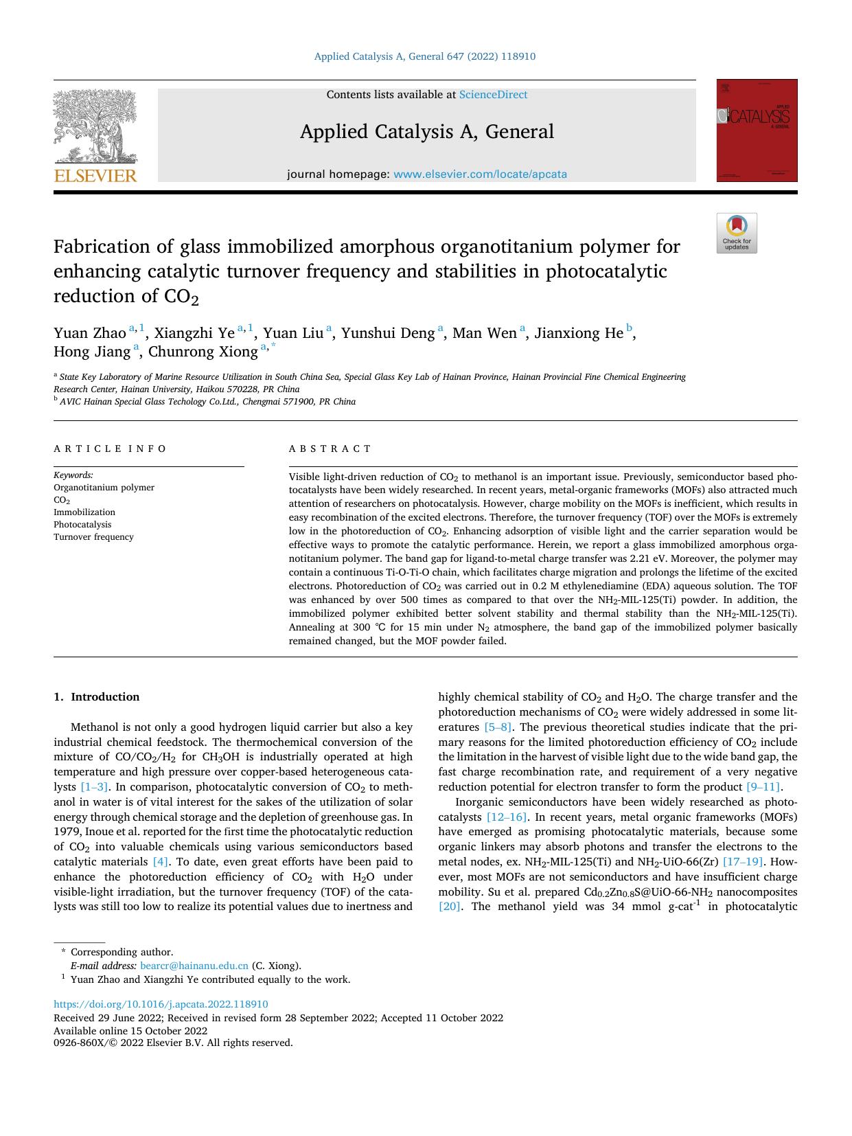 Fabrication of glass immobilized amorphous organotitanium polymer for enhancing catalytic turnover frequency and stabilities in photocatalytic reduction of CO2 by Yuan Zhao