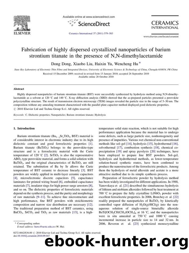 Fabrication of highly dispersed crystallized nanoparticles of barium strontium titanate in the presence of N,N-dimethylacetamide by Dong Dong