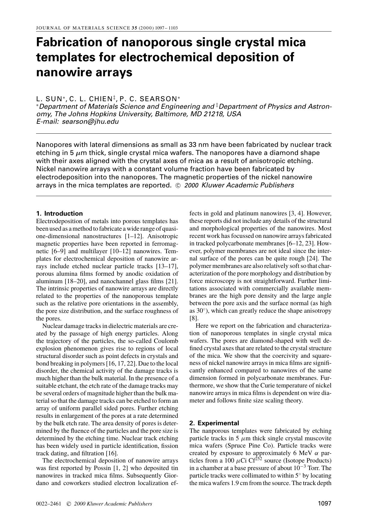 Fabrication of nanoporous single crystal mica templates for electrochemical deposition of nanowire arrays by Unknown
