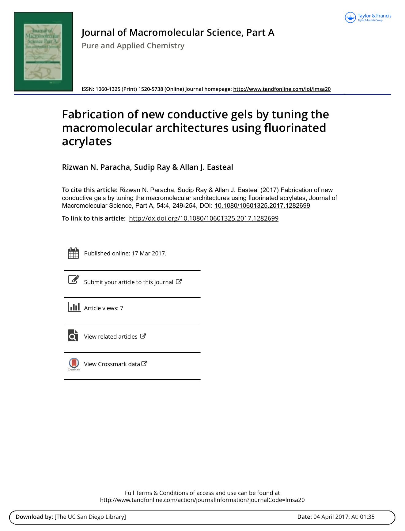 Fabrication of new conductive gels by tuning the macromolecular architectures using fluorinated acrylates by Rizwan N. Paracha & Sudip Ray & Allan J. Easteal