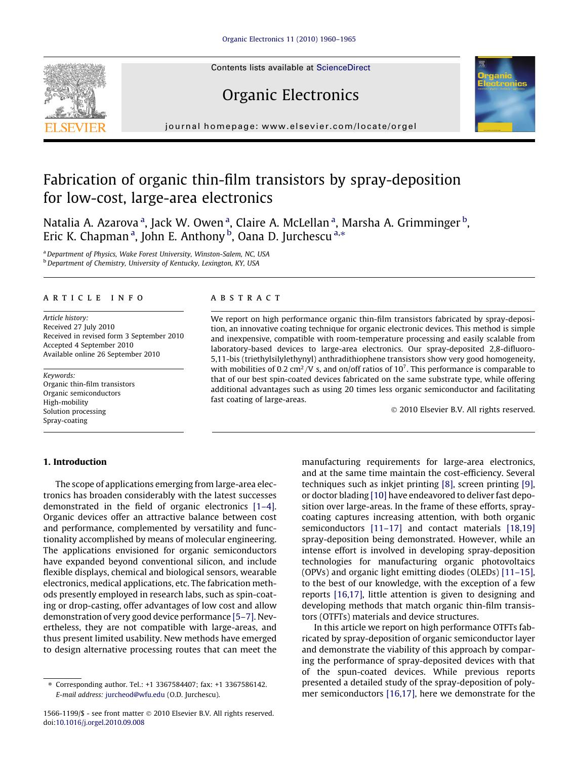 Fabrication of organic thin-film transistors by spray-deposition for low-cost, large-area electronics by unknow