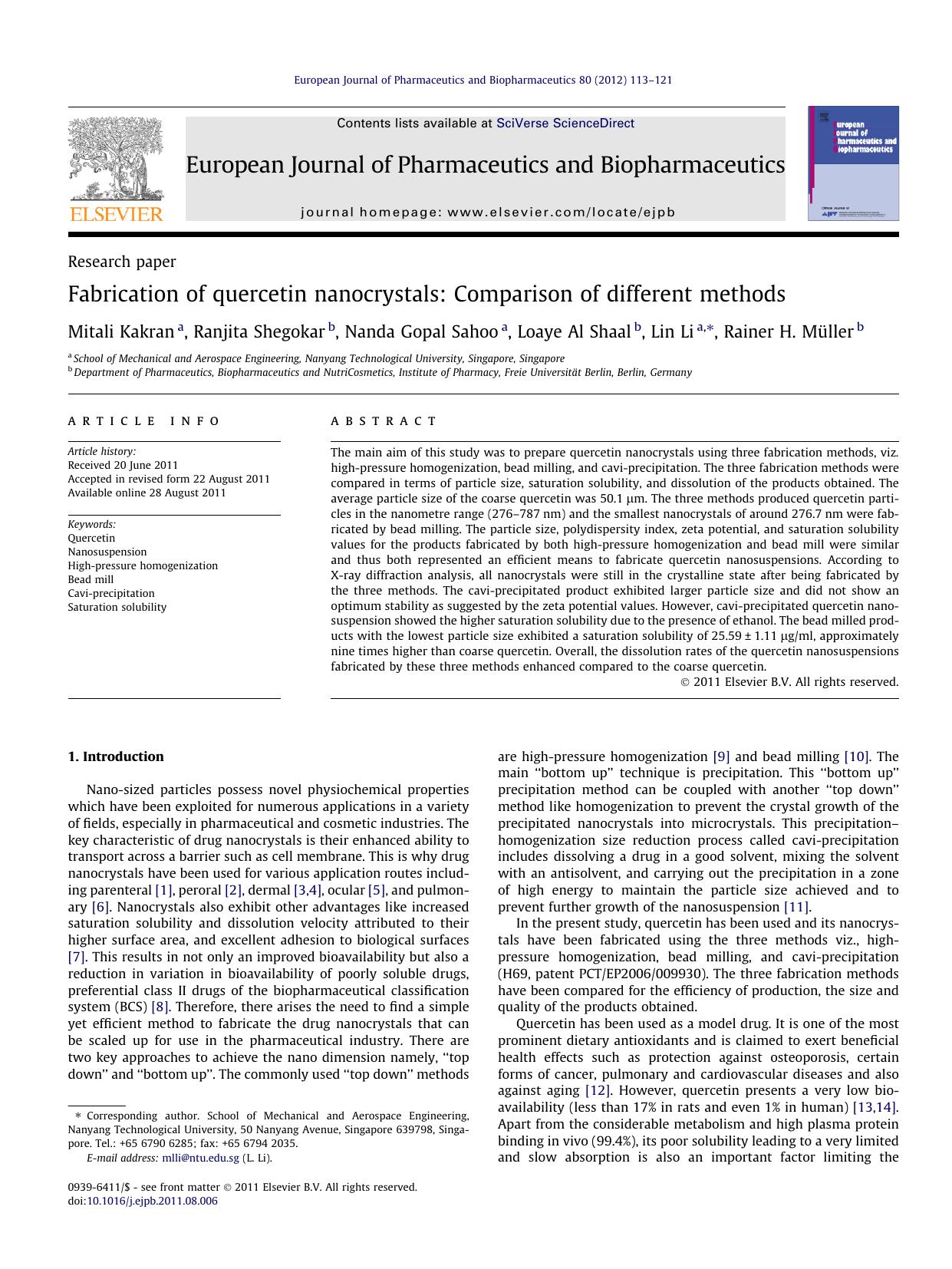 Fabrication of quercetin nanocrystals: Comparison of different methods by Mitali Kakran & Ranjita Shegokar & Nanda Gopal Sahoo & Loaye Al Shaal & Lin Li & Rainer H. Müller