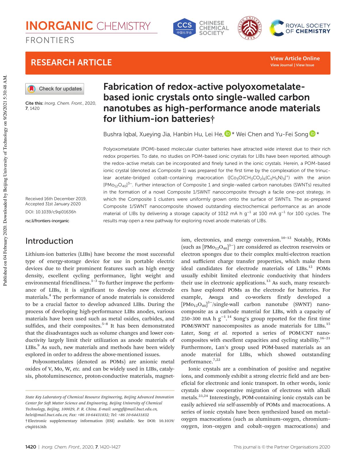 Fabrication of redox-active polyoxometalate-based ionic crystals onto single-walled carbon nanotubes as high-performance anode materials for lithium-ion batteries by Bushra Iqbal Xueying Jia Hanbin Hu Lei He Wei Chen Yu-Fei Song