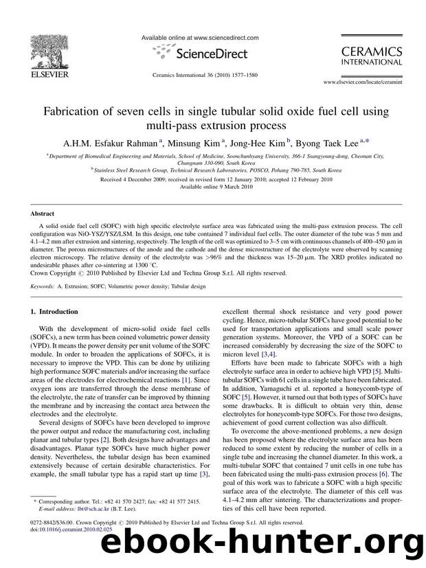 Fabrication of seven cells in single tubular solid oxide fuel cell using multi-pass extrusion process by A.H.M. Esfakur Rahman; Minsung Kim; Jong-Hee Kim; Byong Taek Lee