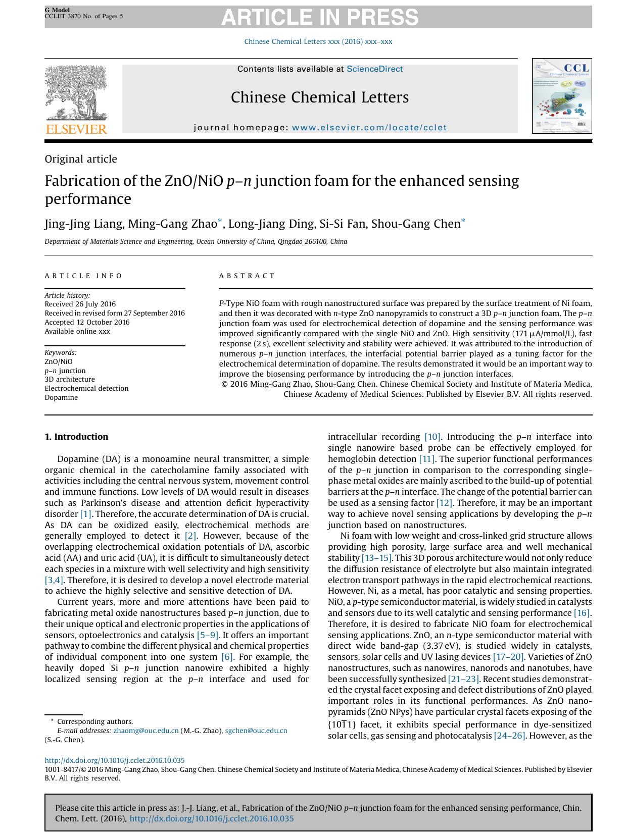 Fabrication of the ZnONiO pân junction foam for the enhanced sensing performance by Jing-Jing Liang & Ming-Gang Zhao & Long-Jiang Ding & Si-Si Fan & Shou-Gang Chen
