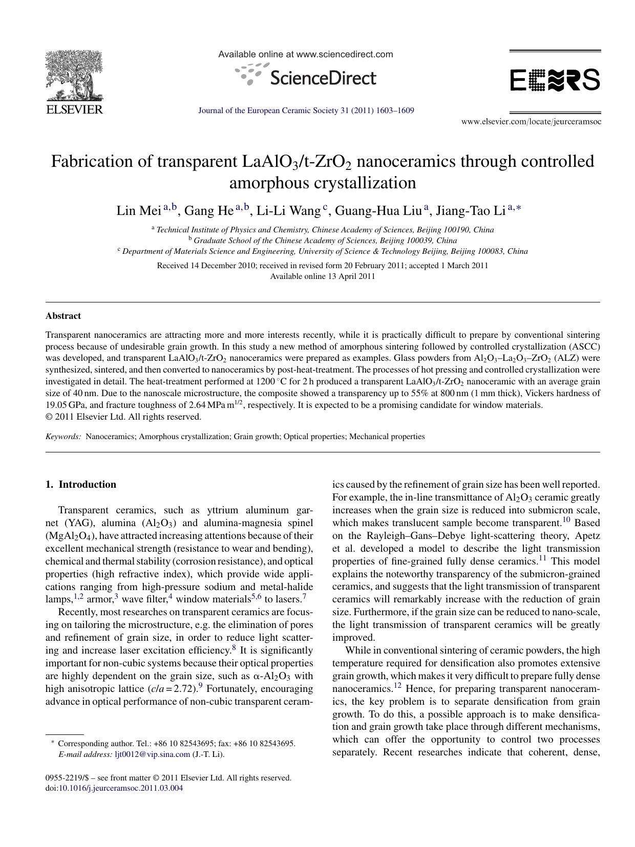 Fabrication of transparent LaAlO3t-ZrO2 nanoceramics through controlled amorphous crystallization by Lin Mei