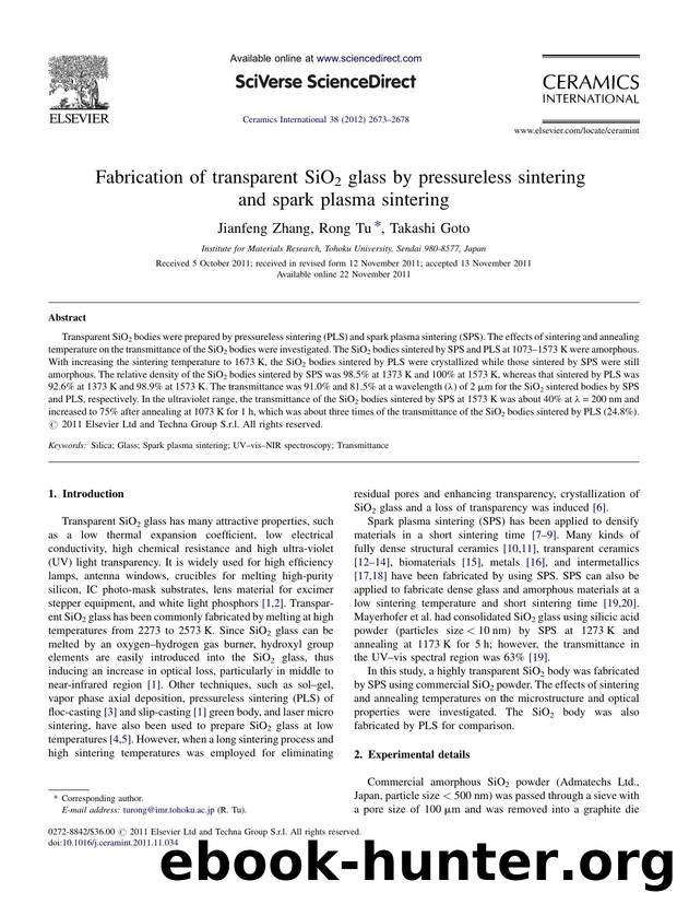 Fabrication of transparent SiO2 glass by pressureless sintering and spark plasma sintering by Jianfeng Zhang