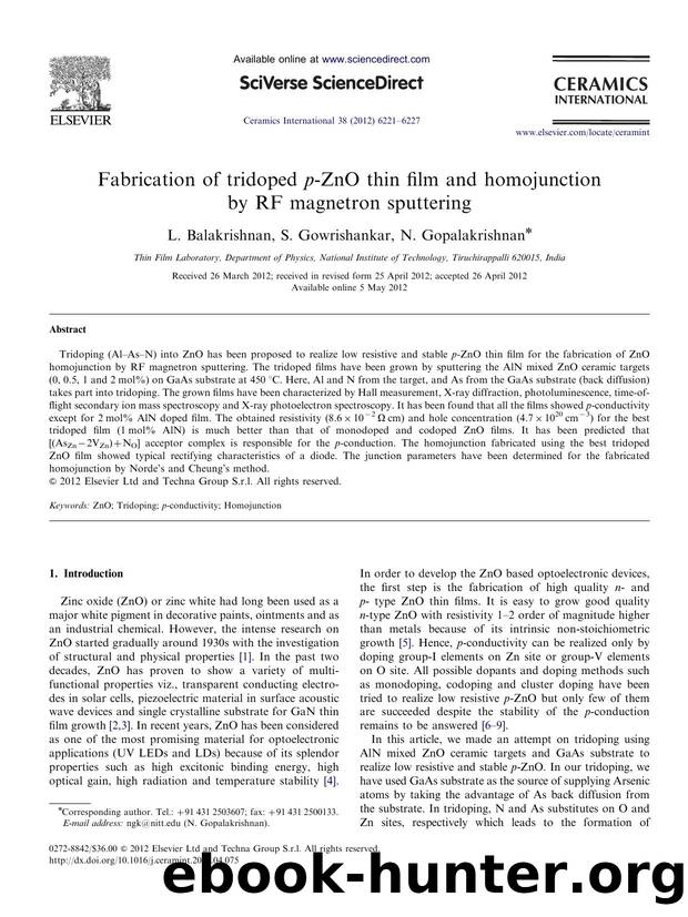 Fabrication of tridoped p-ZnO thin film and homojunction by RF magnetron sputtering by L. Balakrishnan & S. Gowrishankar & N. Gopalakrishnan