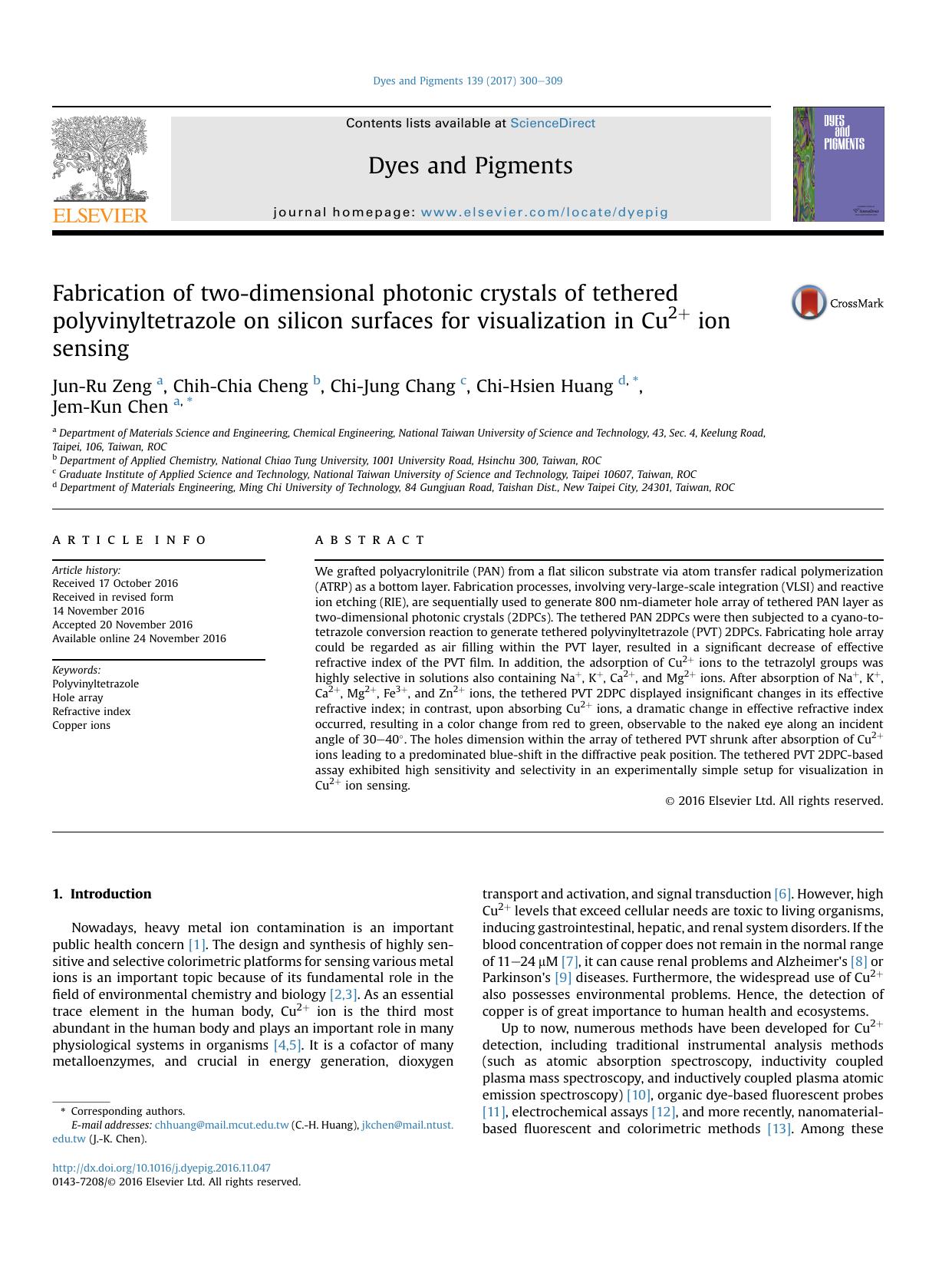Fabrication of two-dimensional photonic crystals of tethered polyvinyltetrazole on silicon surfaces for visualization in Cu2+ ion sensing by Jun-Ru Zeng & Chih-Chia Cheng & Chi-Jung Chang & Chi-Hsien Huang & Jem-Kun Chen