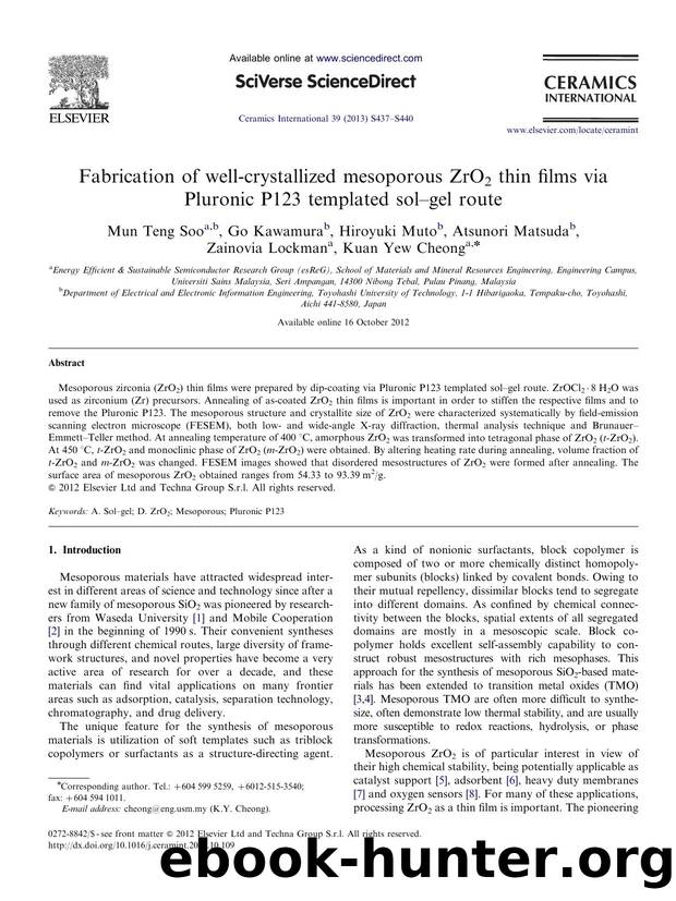 Fabrication of well-crystallized mesoporous ZrO2 thin films via Pluronic P123 templated solâgel route by Mun Teng Soo & Go Kawamura & Hiroyuki Muto & Atsunori Matsuda & Zainovia Lockman & Kuan Yew Cheong