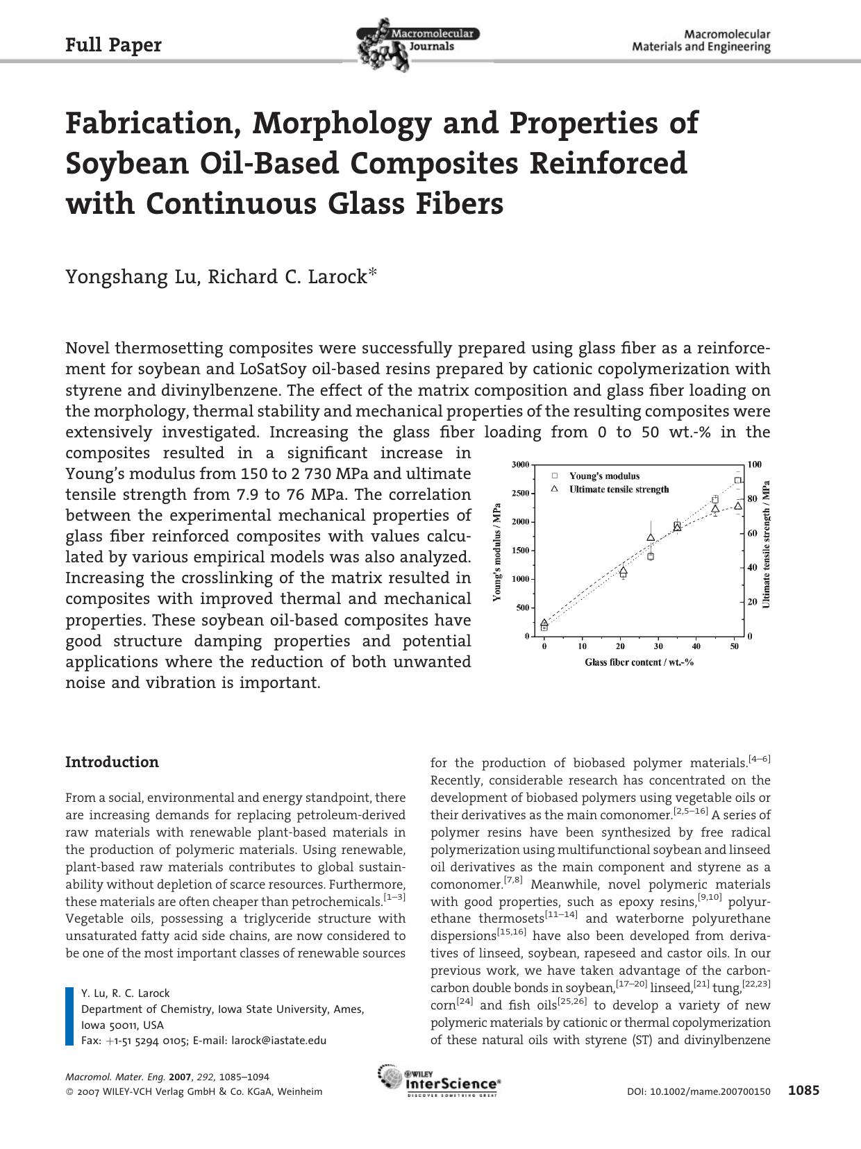 Fabrication, Morphology and Properties of Soybean Oil-Based Composites Reinforced with Continuous Glass Fibers by Unknown