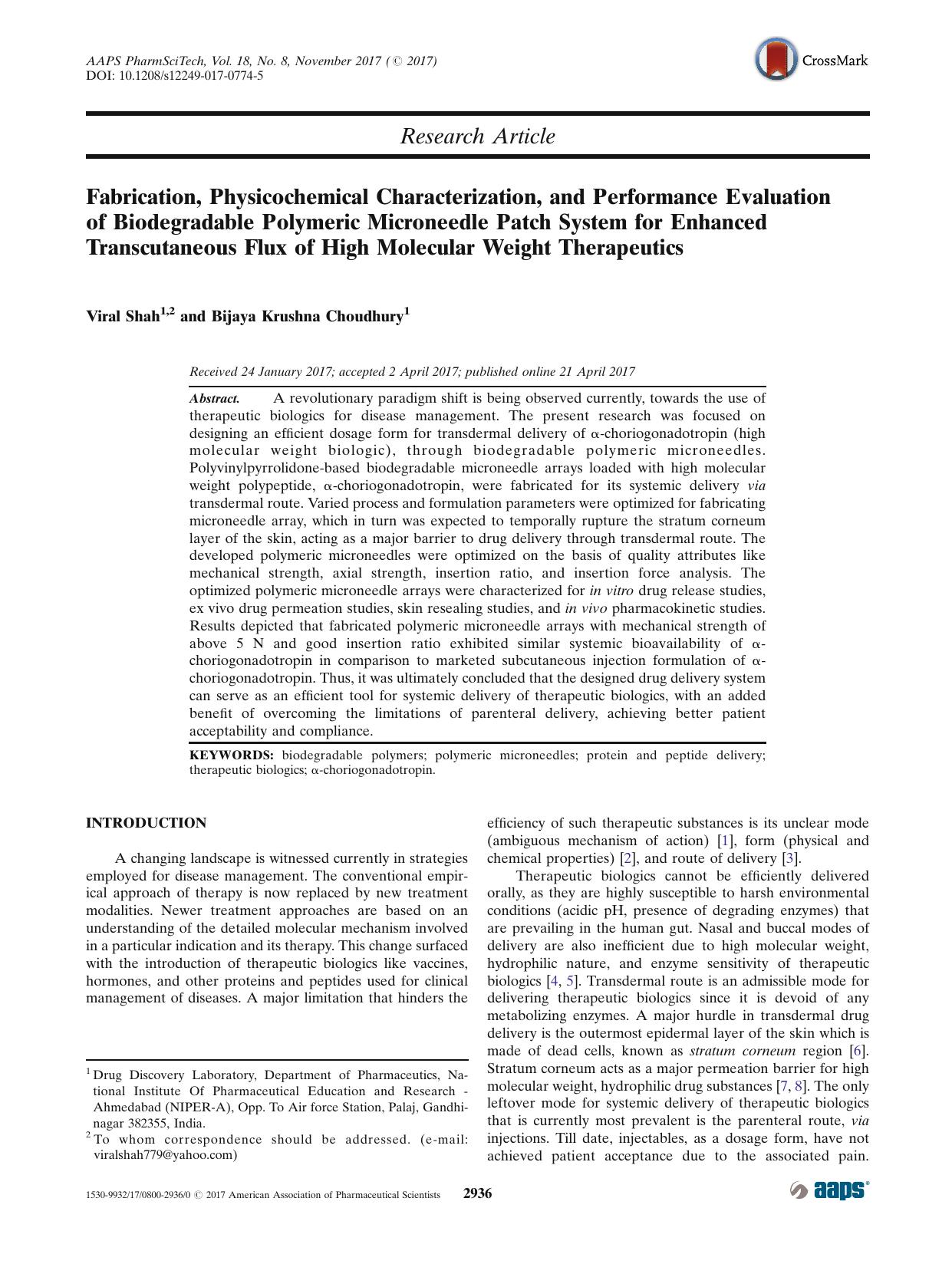 Fabrication, Physicochemical Characterization, and Performance Evaluation of Biodegradable Polymeric Microneedle Patch System for Enhanced Transcutaneous Flux of High Molecular Weight Therapeutics by Viral Shah & Bijaya Krushna Choudhury