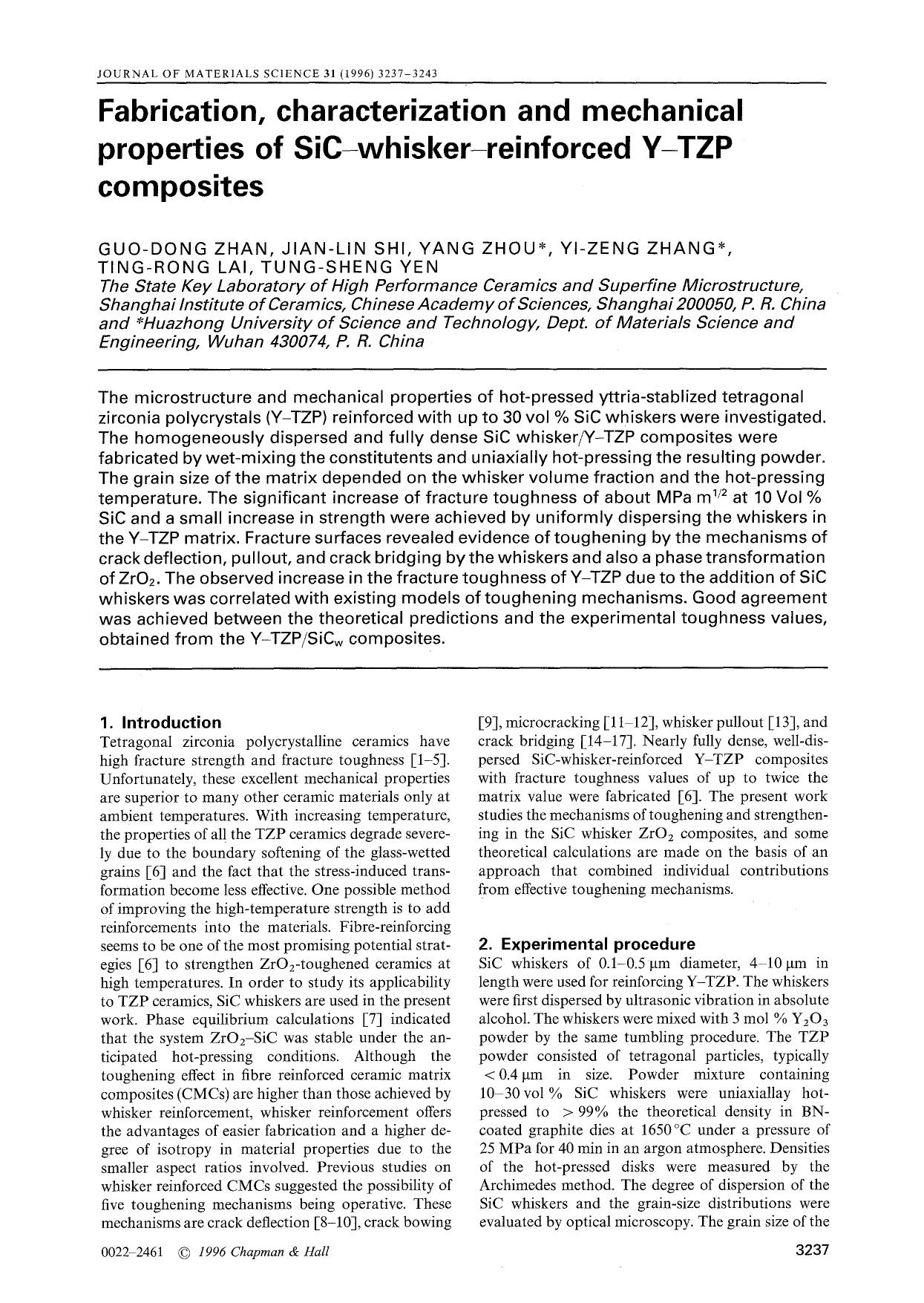 Fabrication, characterization and mechanical properties of SiC-whisker-reinforced Y-TZP composites by Unknown