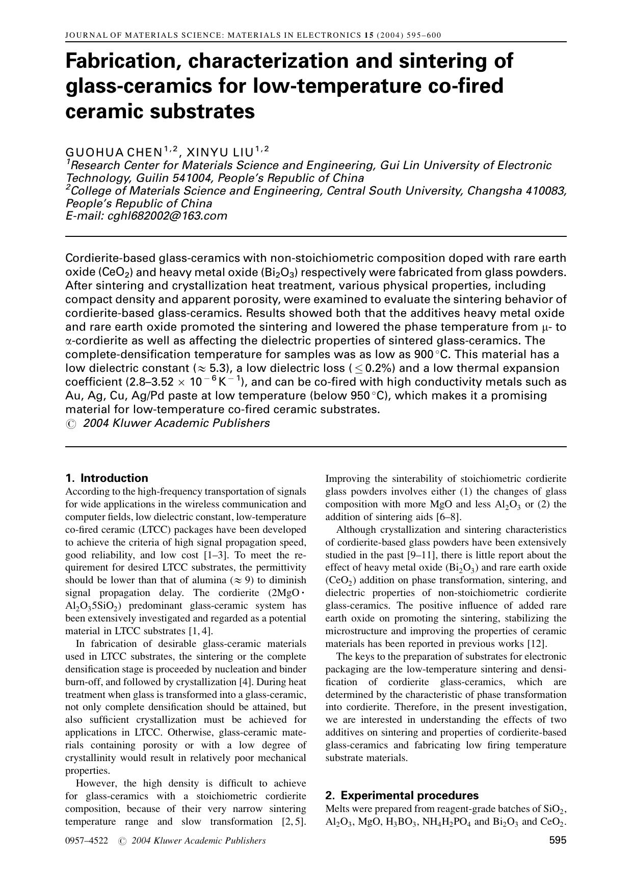 Fabrication, characterization and sintering of glass-ceramics for low-temperature co-fired ceramic substrates by Unknown