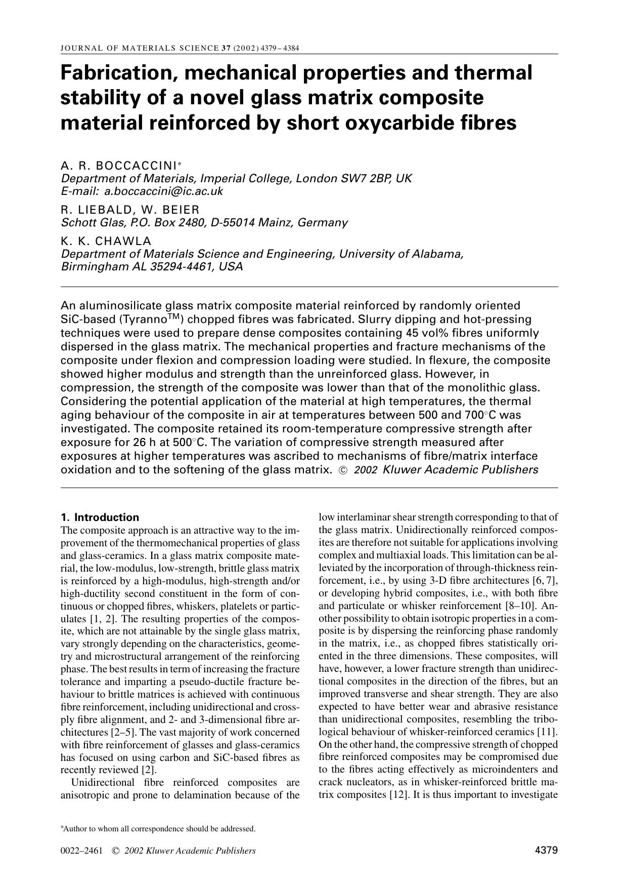 Fabrication, mechanical properties and thermal stability of a novel glass matrix composite material reinforced by short oxycarbide fibres by Unknown