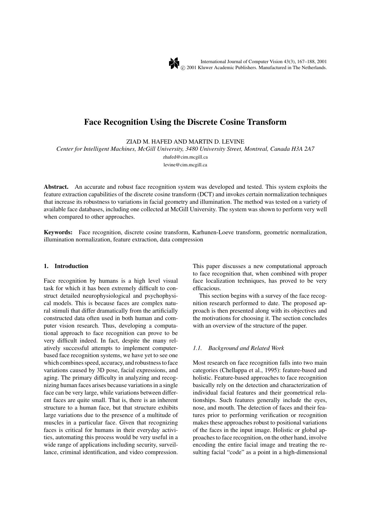 Face Recognition Using the Discrete Cosine Transform by Face Recognition Using the Discrete Cosine Transform