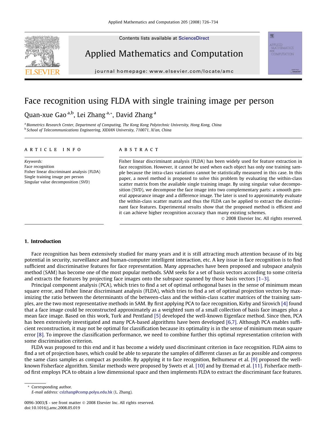 Face recognition using FLDA with single training image per person by Quan-xue Gao; Lei Zhang; David Zhang