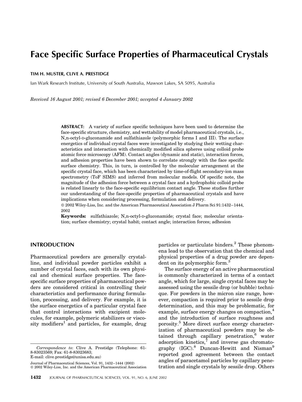 Face specific surface properties of pharmaceutical crystals by Unknown