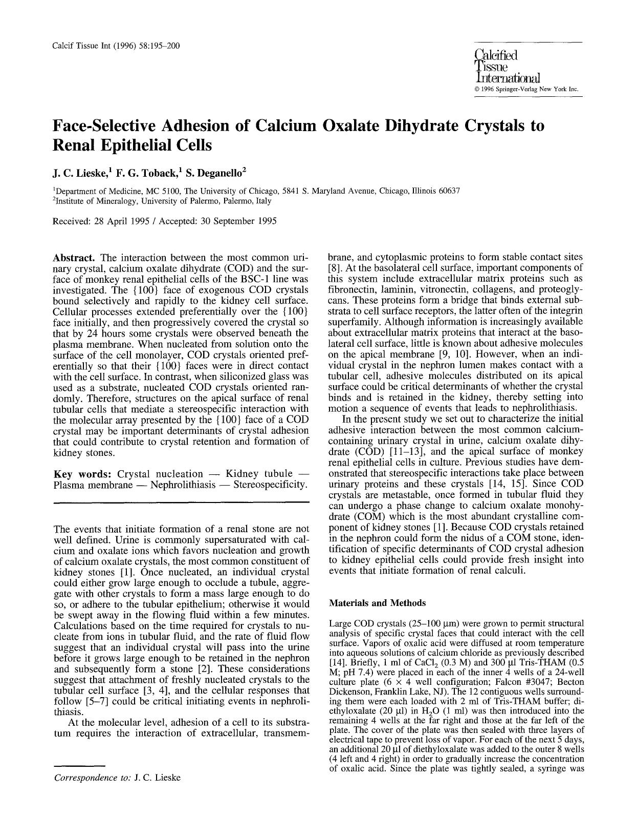 Face-selective adhesion of calcium oxalate dihydrate crystals to renal epithelial cells by Unknown