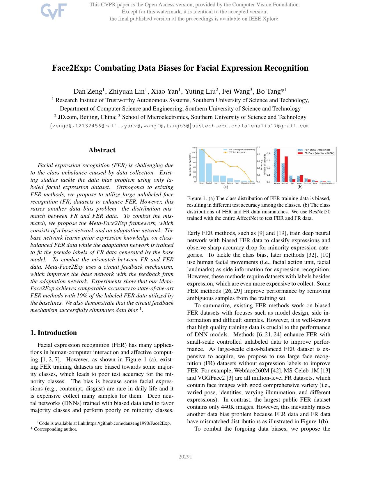 Face2Exp: Combating Data Biases for Facial Expression Recognition by Dan Zeng & Zhiyuan Lin & Xiao Yan & Yuting Liu & Fei Wang & Bo Tang