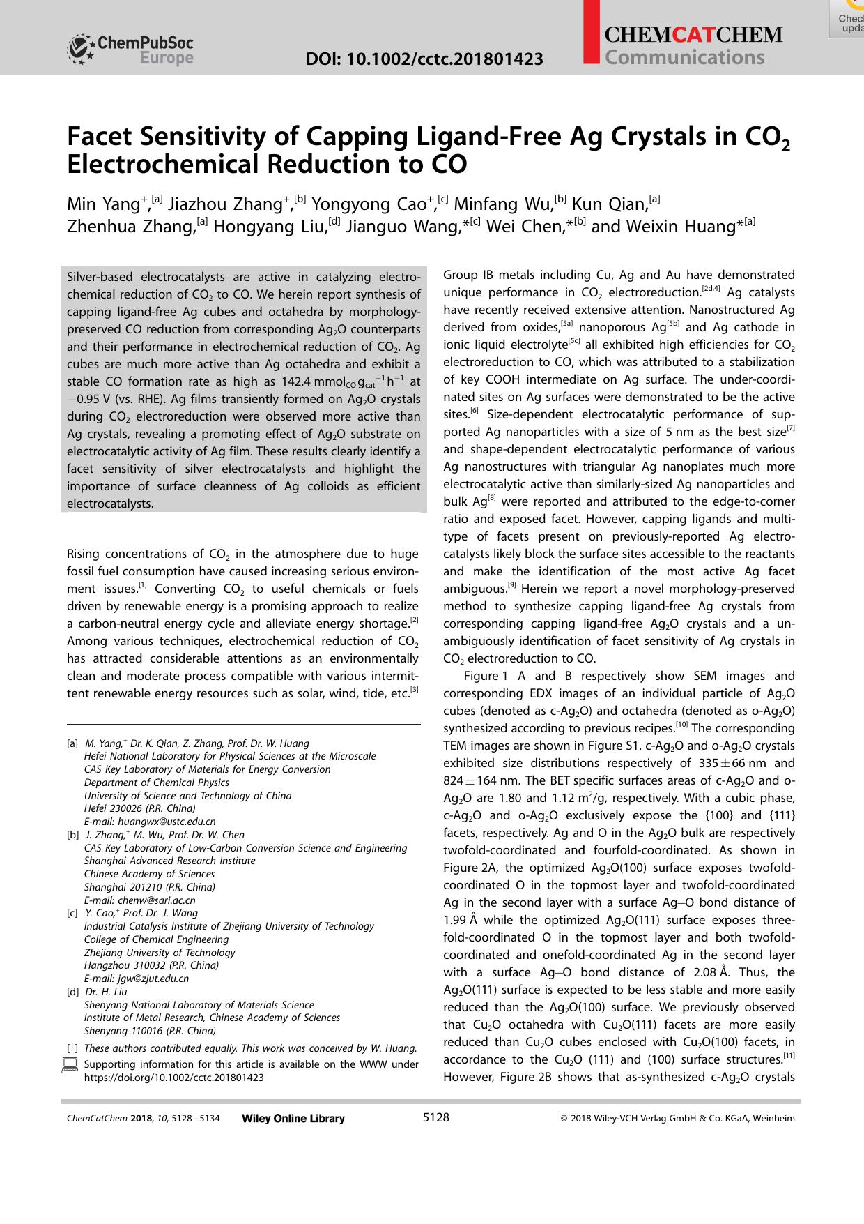 Facet Sensitivity of Capping LigandâFree Ag Crystals in CO2 Electrochemical Reduction to CO by Unknown