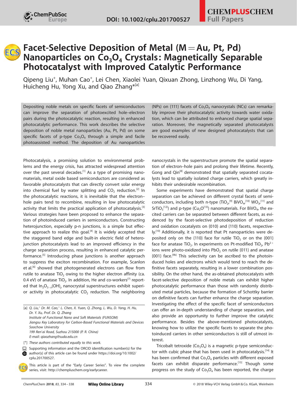 FacetâSelective Deposition of Metal (M=Au, Pt, Pd) Nanoparticles on Co3O4 Crystals: Magnetically Separable Photocatalyst with Improved Catalytic Performance by Unknown