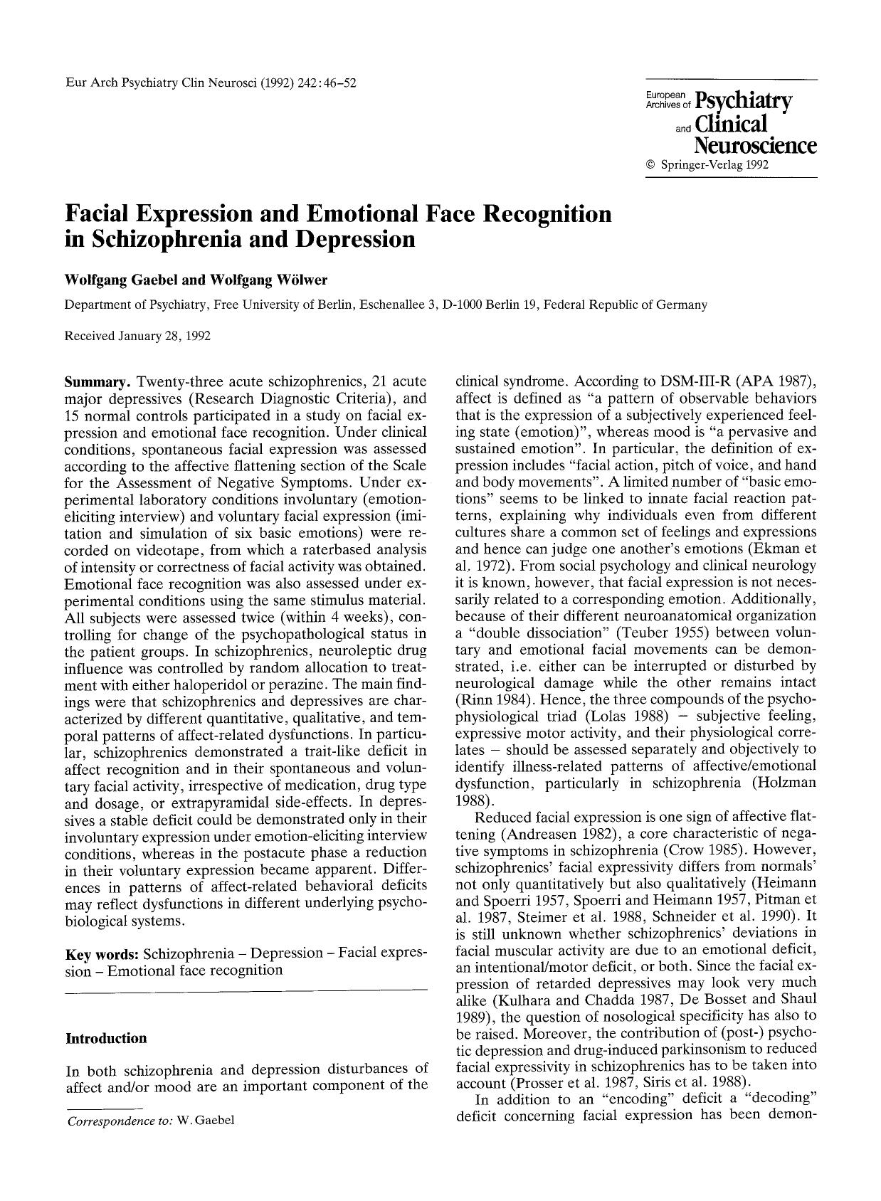 Facial expression and emotional face recognition in schizophrenia and depression by Unknown