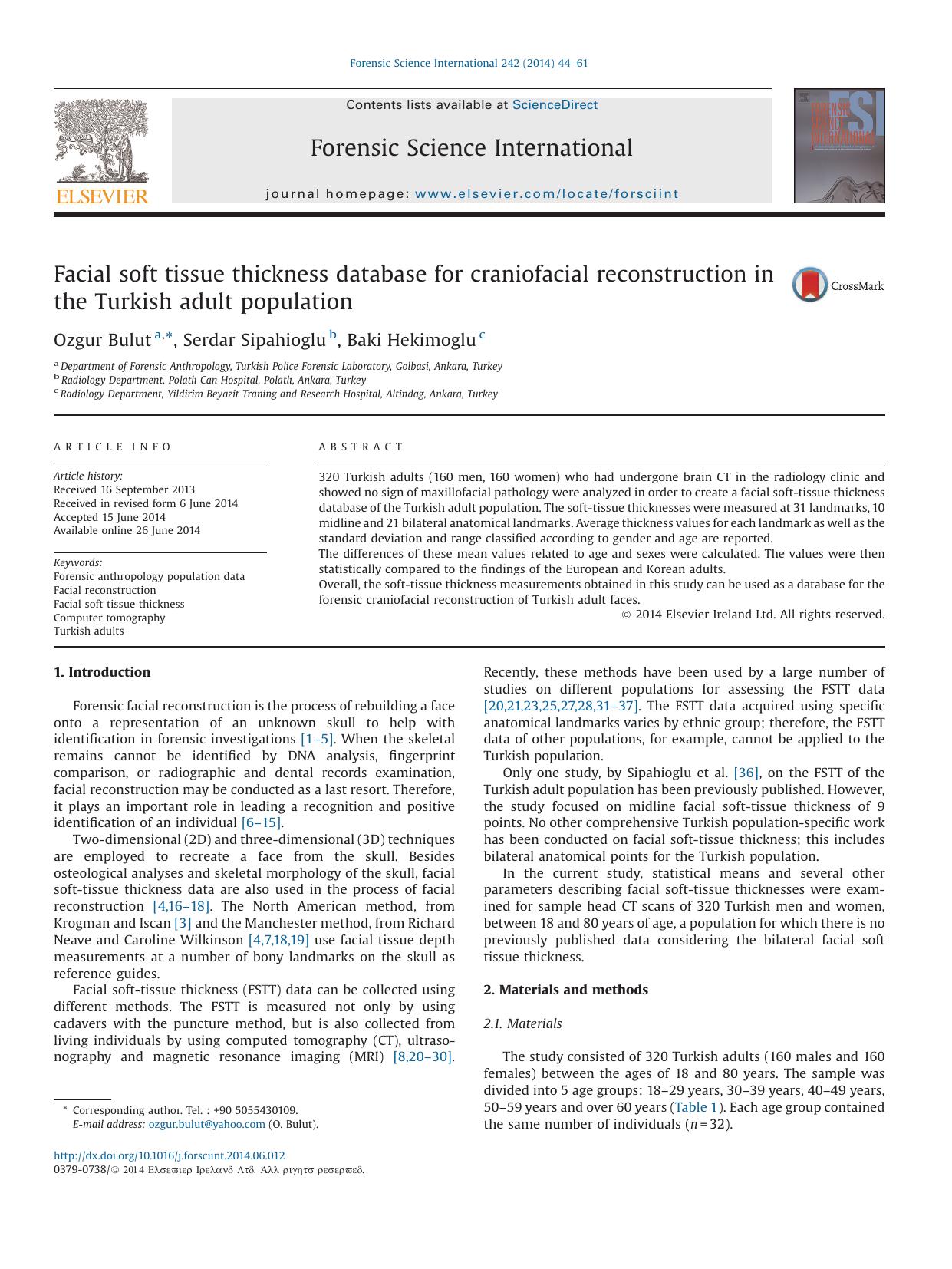 Facial soft tissue thickness database for craniofacial reconstruction in the Turkish adult population by Ozgur Bulut & Serdar Sipahioglu & Baki Hekimoglu