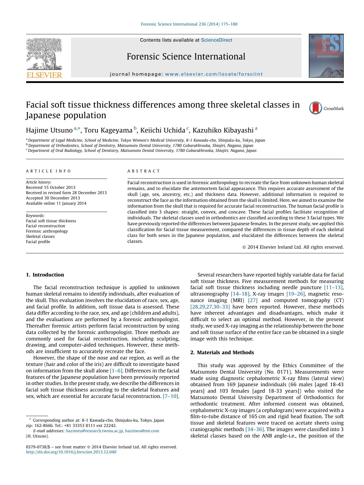Facial soft tissue thickness differences among three skeletal classes in Japanese population by Hajime Utsuno