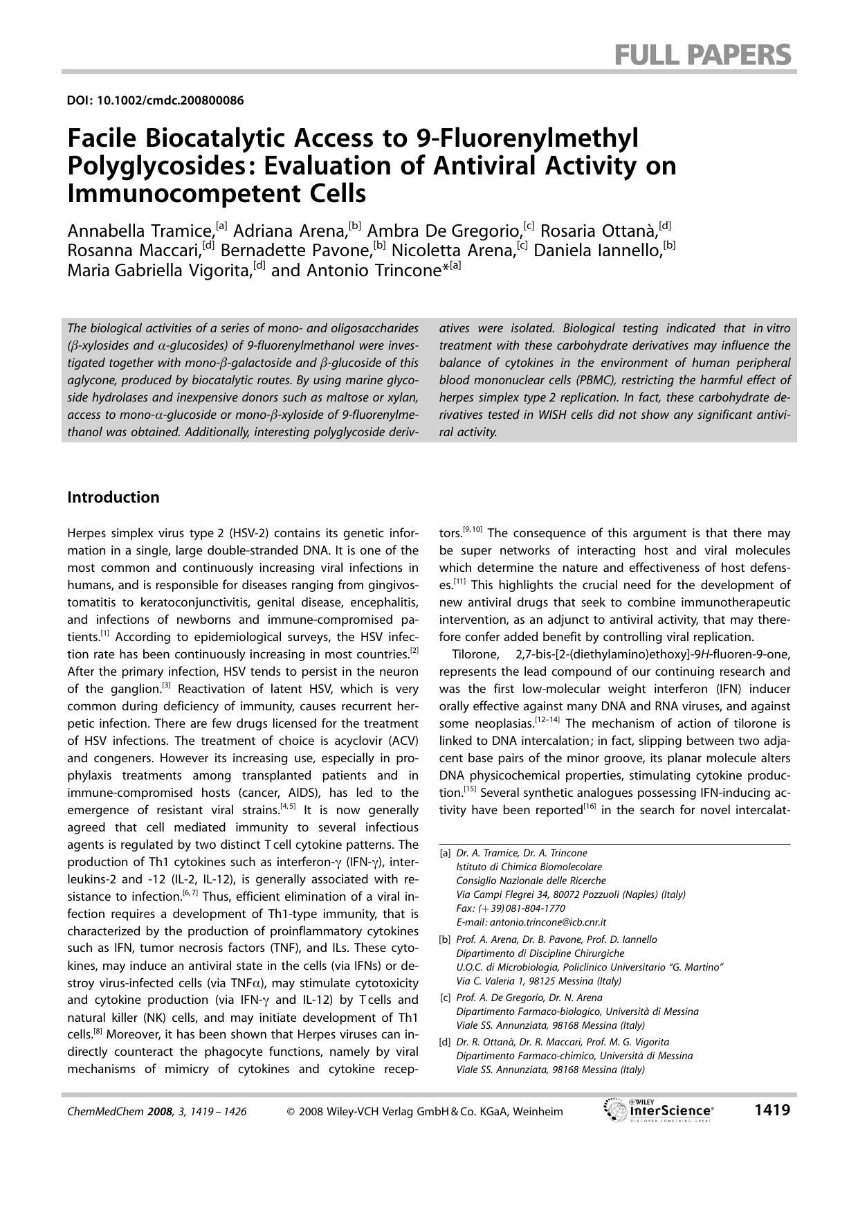 Facile Biocatalytic Access to 9-Fluorenylmethyl Polyglycosides: Evaluation of Antiviral Activity on Immunocompetent Cells by Unknown