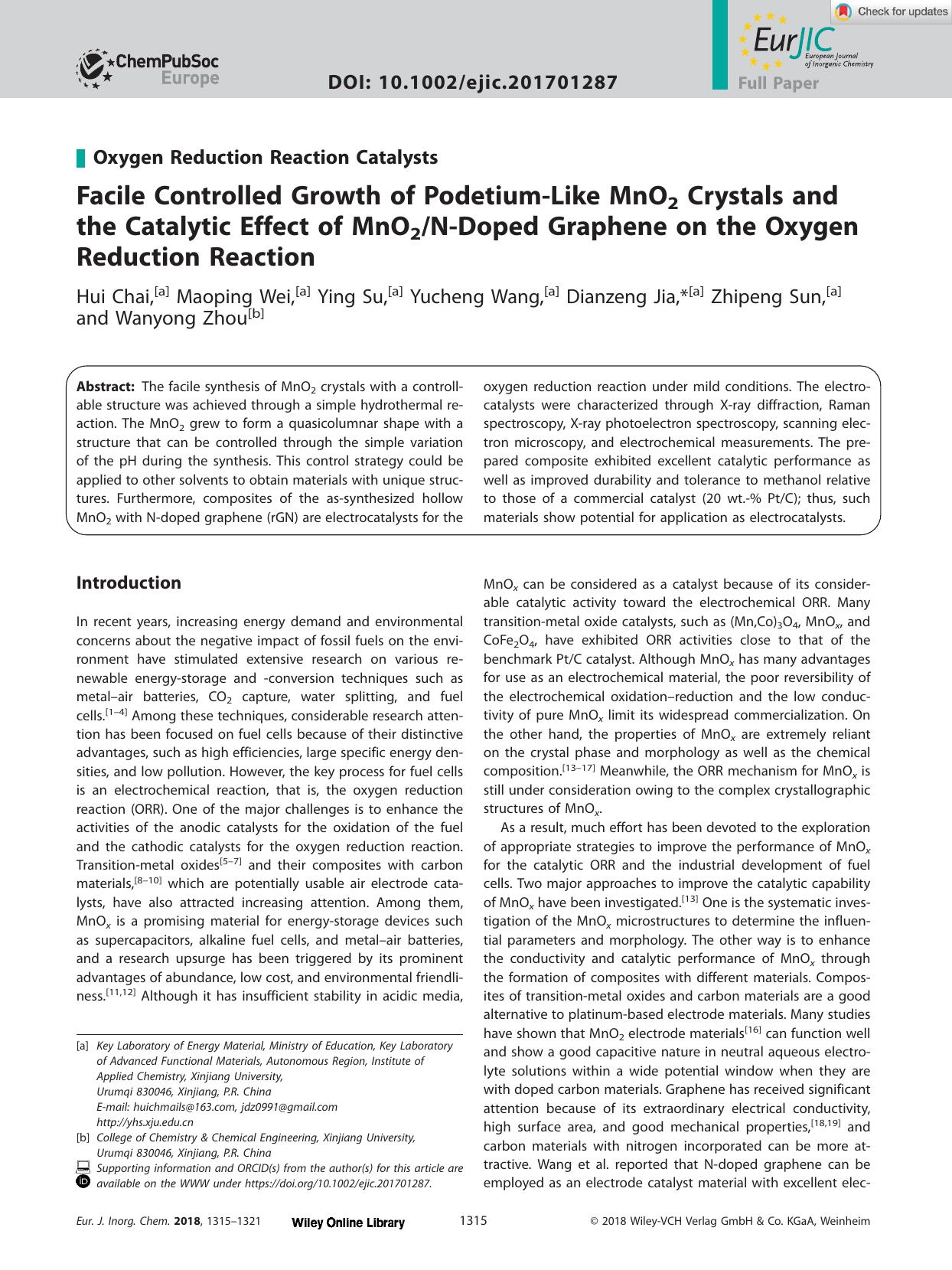 Facile Controlled Growth of PodetiumâLike MnO2 Crystals and the Catalytic Effect of MnO2NâDoped Graphene on the Oxygen Reduction Reaction by Unknown