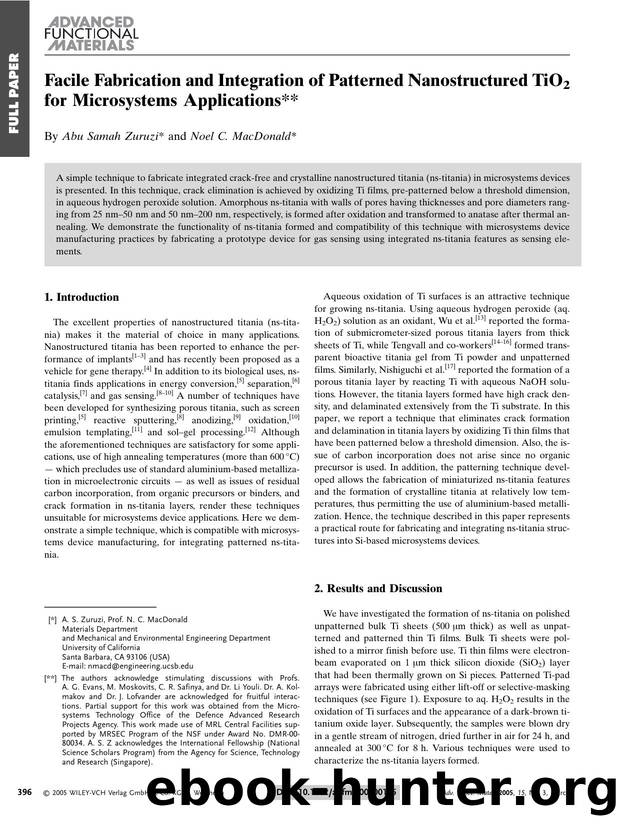 Facile Fabrication and Integration of Patterned Nanostructured TiO2 for Microsystems Applications by Unknown