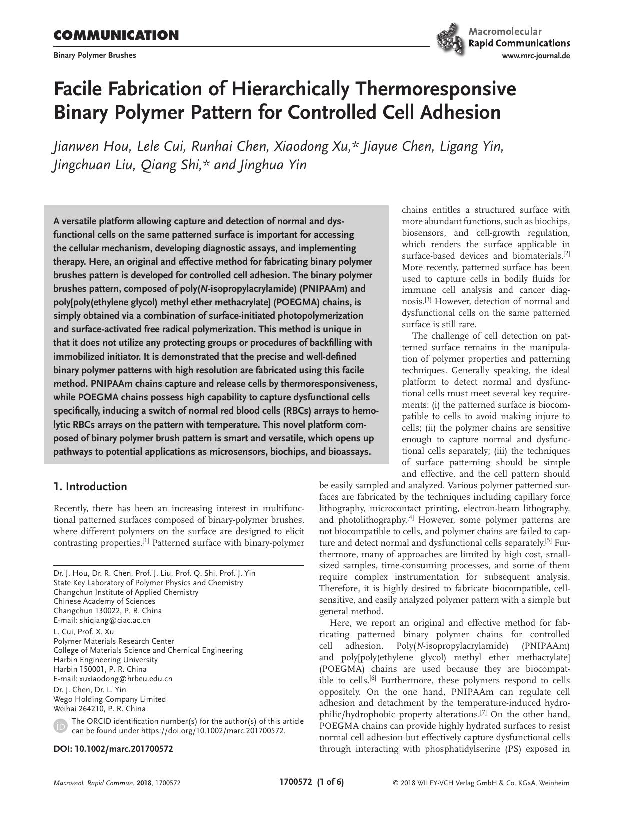 Facile Fabrication of Hierarchically Thermoresponsive Binary Polymer Pattern for Controlled Cell Adhesion by Unknown