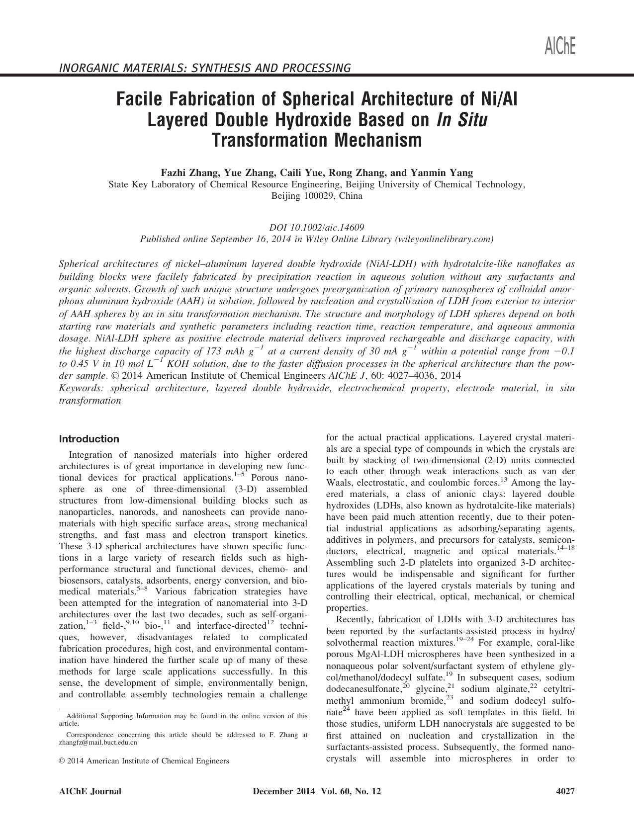 Facile Fabrication of Spherical Architecture of NiAl Layered Double Hydroxide Based on In Situ Transformation Mechanism by Unknown