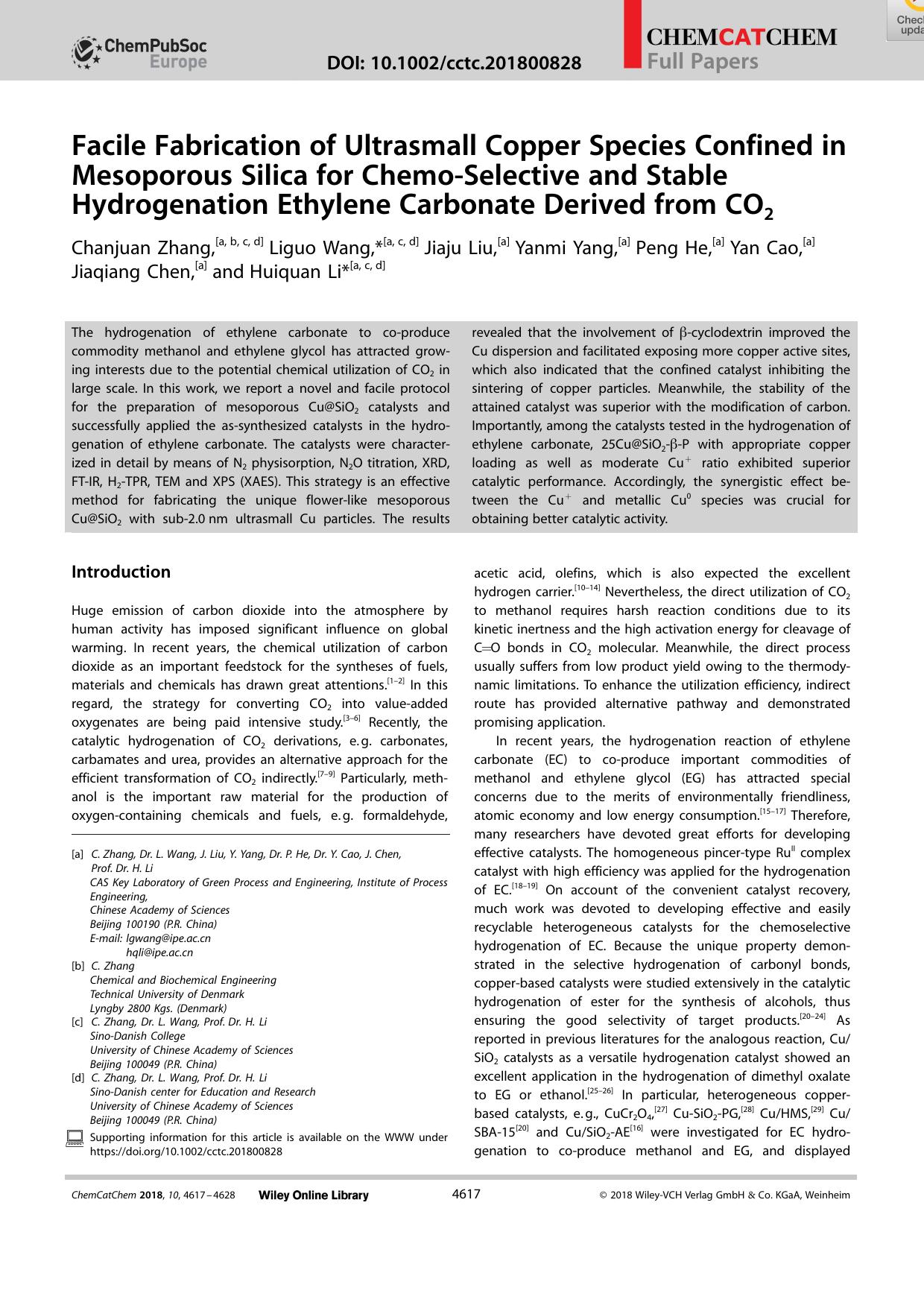 Facile Fabrication of Ultrasmall Copper Species Confined in Mesoporous Silica for ChemoâSelective and Stable Hydrogenation Ethylene Carbonate Derived from CO2 by Unknown