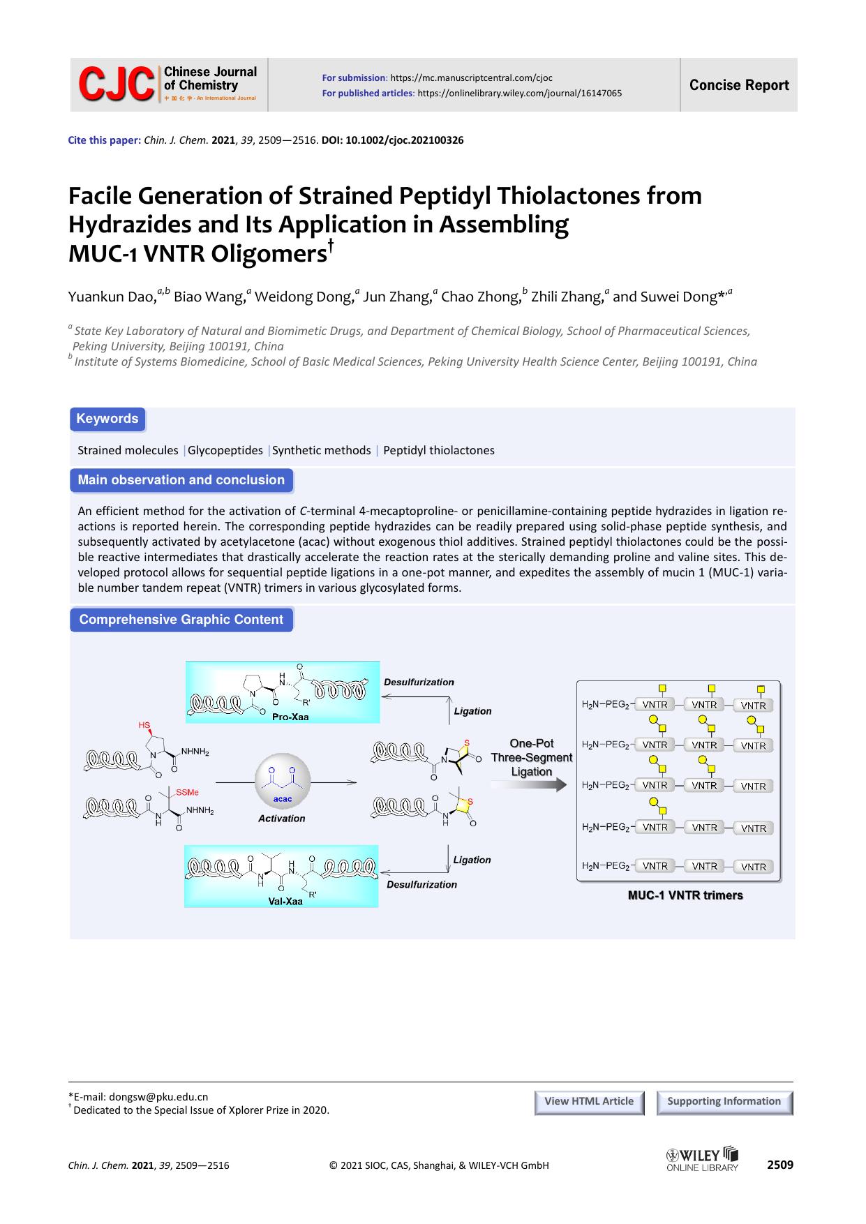 Facile Generation of Strained Peptidyl Thiolactones from Hydrazides and its Application in Assembling MUC-1 VNTR Oligomers by Z-Z Shen