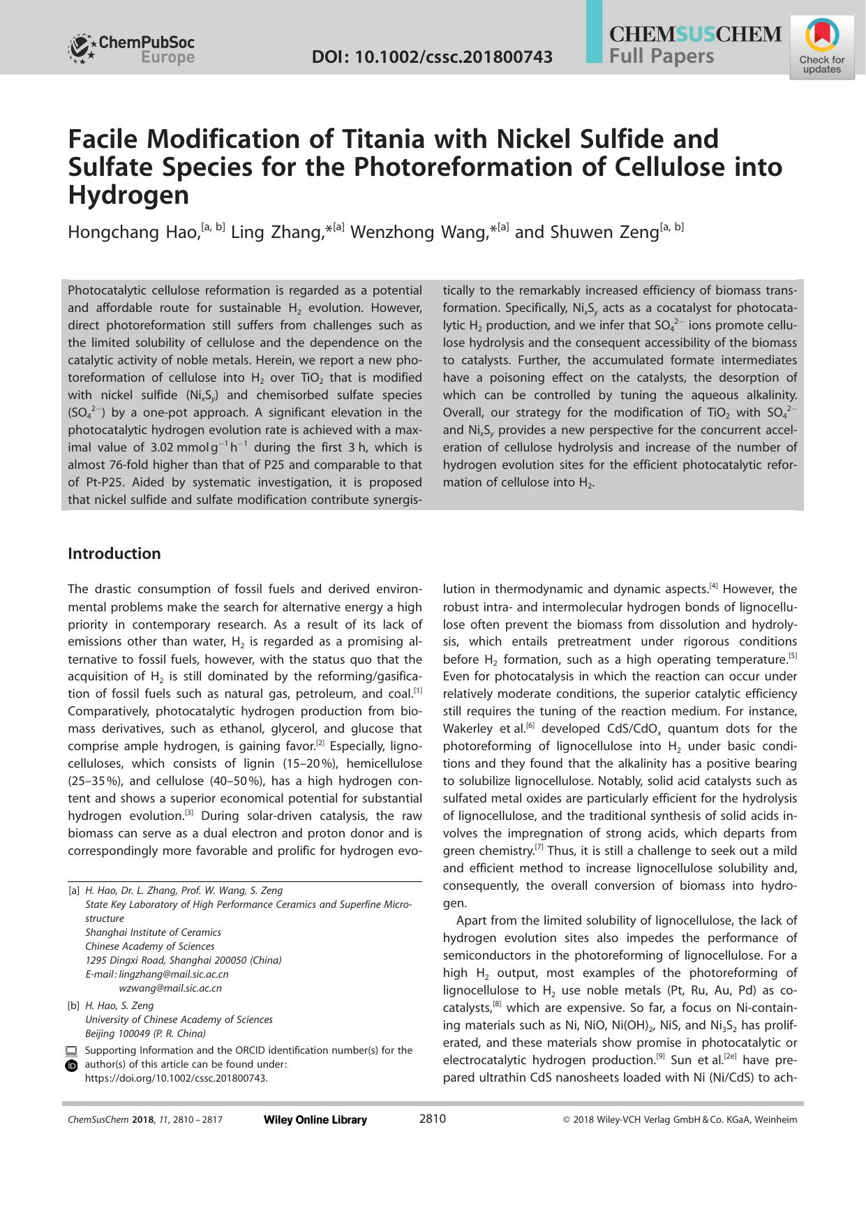 Facile Modification of Titania with Nickel Sulfide and Sulfate Species for the Photoreformation of Cellulose into Hydrogen by Unknown