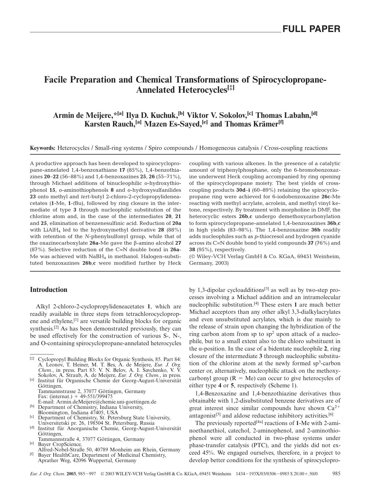 Facile Preparation and Chemical Transformations of Spirocyclopropane-Annelated Heterocycles by Unknown