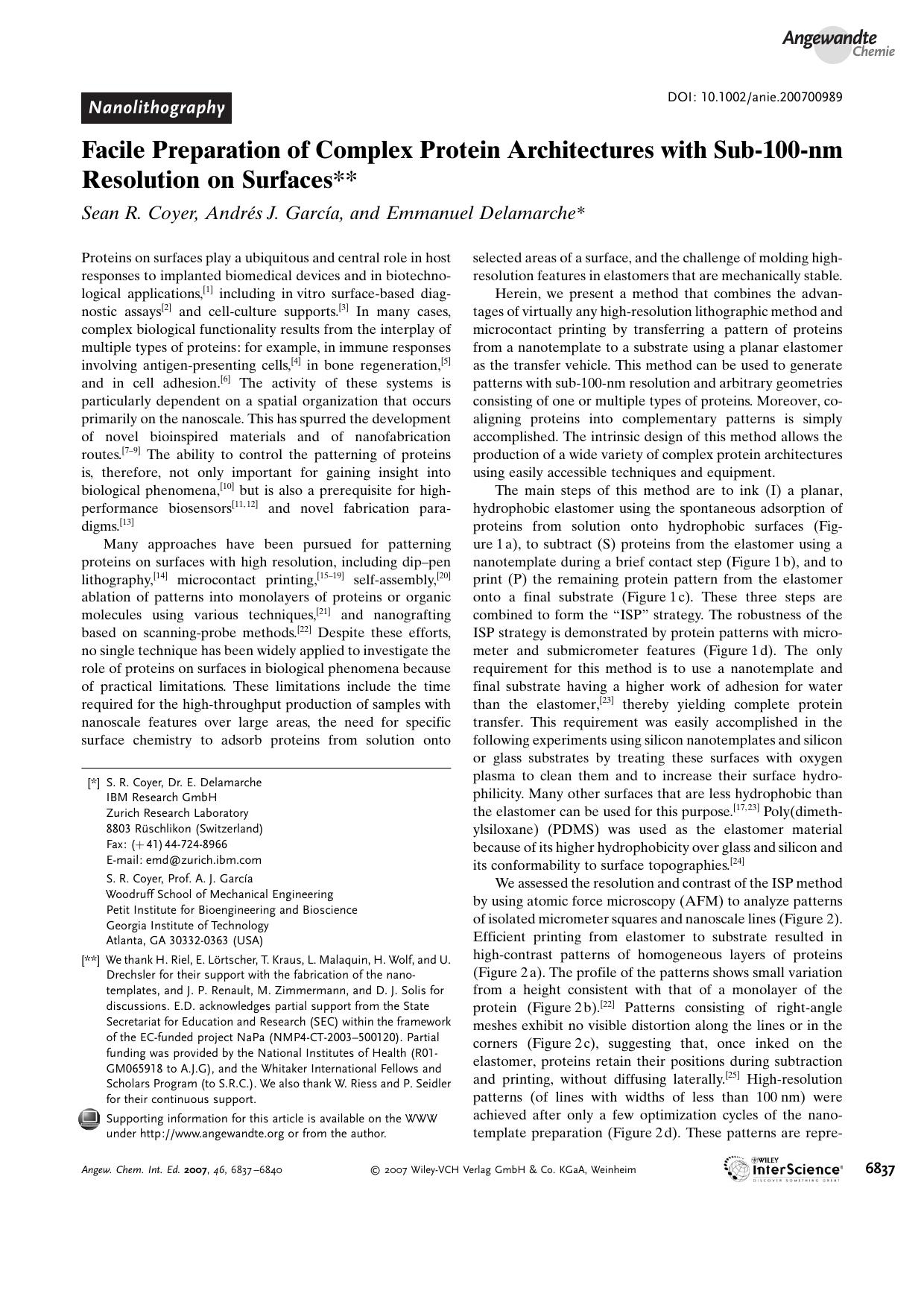 Facile Preparation of Complex Protein Architectures with Sub-100-nm Resolution on Surfaces by Unknown