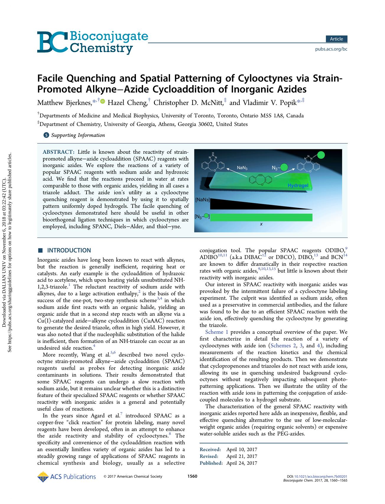 Facile Quenching and Spatial Patterning of Cylooctynes via Strain-Promoted AlkyneâAzide Cycloaddition of Inorganic Azides by Matthew Bjerknes Hazel Cheng Christopher D. McNitt & Vladimir V. Popik
