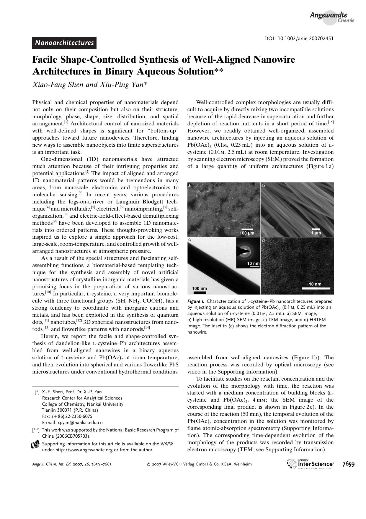 Facile Shape-Controlled Synthesis of Well-Aligned Nanowire Architectures in Binary Aqueous Solution by Unknown