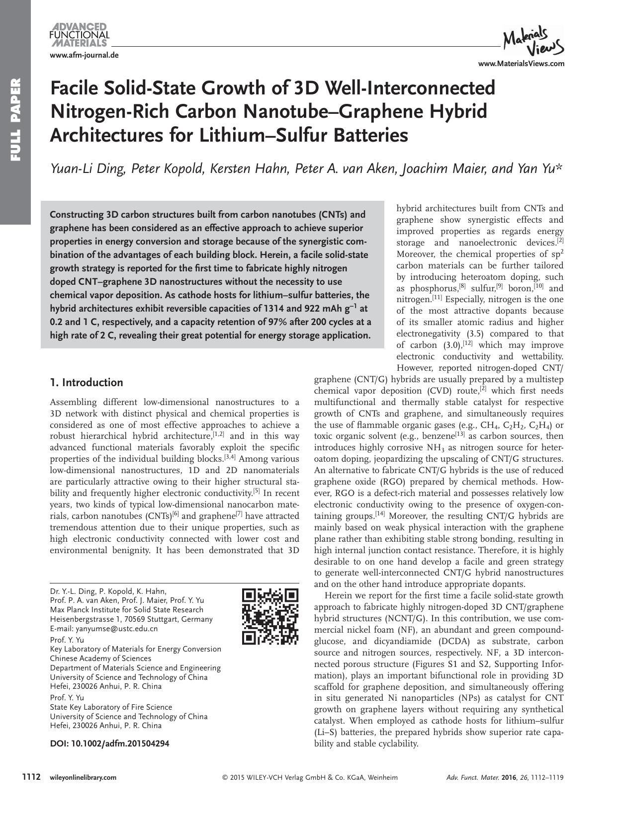 Facile Solid‐State Growth of 3D Well‐Interconnected Nitrogen‐Rich Carbon Nanotube–Graphene Hybrid Architectures for Lithium–Sulfur Batteries by Unknown