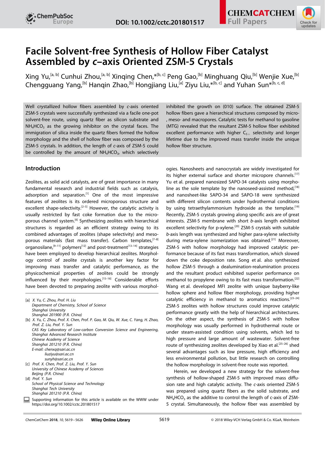 Facile Solventâfree Synthesis of Hollow Fiber Catalyst Assembled by câaxis Oriented ZSMâ5 Crystals by Unknown