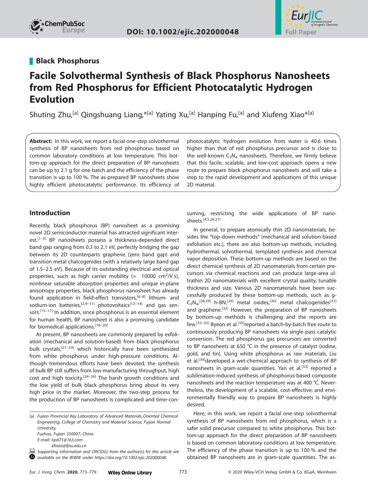Facile Solvothermal Synthesis of Black Phosphorus Nanosheets from Red Phosphorus for Efficient Photocatalytic Hydrogen Evolution by Unknown