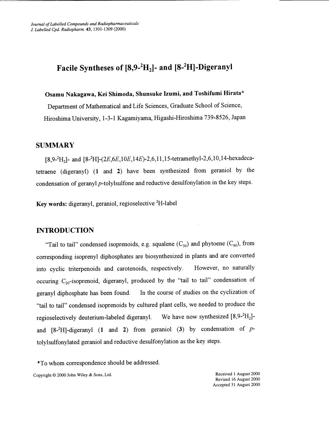 Facile Syntheses of [8,9-2H2]- and [8-2H]-digeranyl by Unknown