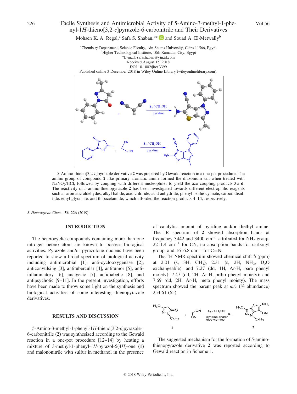 Facile Synthesis and Antimicrobial Activity of 5-Amino-3-methyl-1-phenyl-1H-thieno[3,2-c]pyrazole-6-carbonitrile and Their Derivatives by Mohsen K. A. Regal Safa S. Shaban Souad A. El-Metwally
