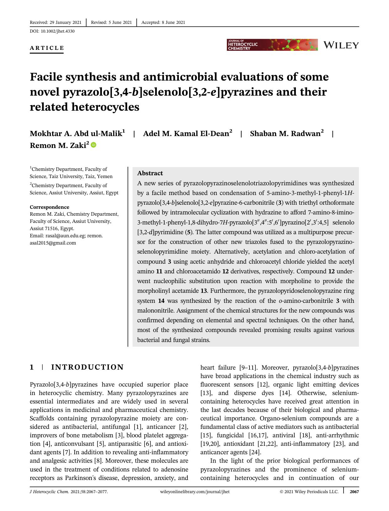 Facile Synthesis and Antimicrobial Evaluations of Some Novel Pyrazolo[3,4-b]selenolo[3,2-e]pyrazines and Their Related Heterocycles. by Unknown