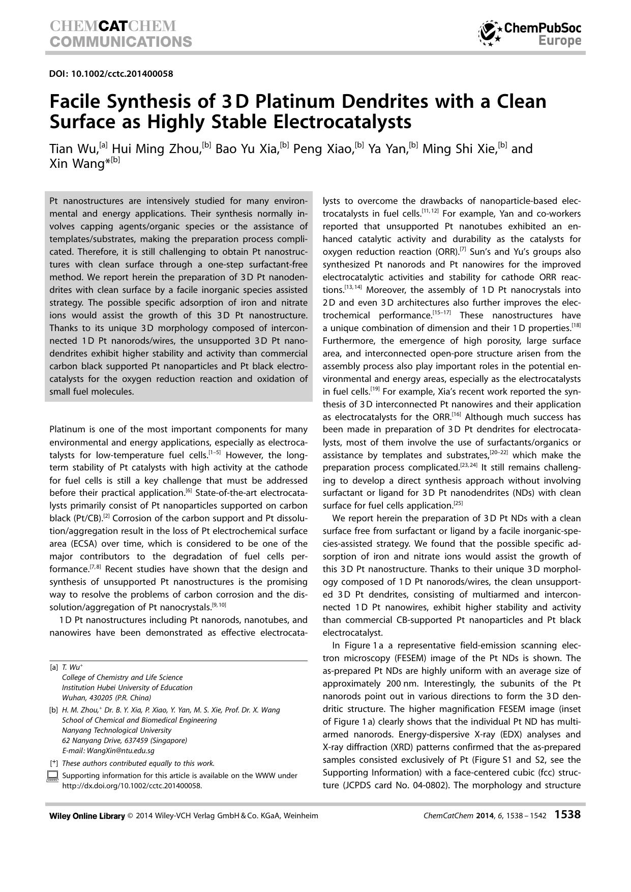 Facile Synthesis of 3D Platinum Dendrites with a Clean Surface as Highly Stable Electrocatalysts by Unknown