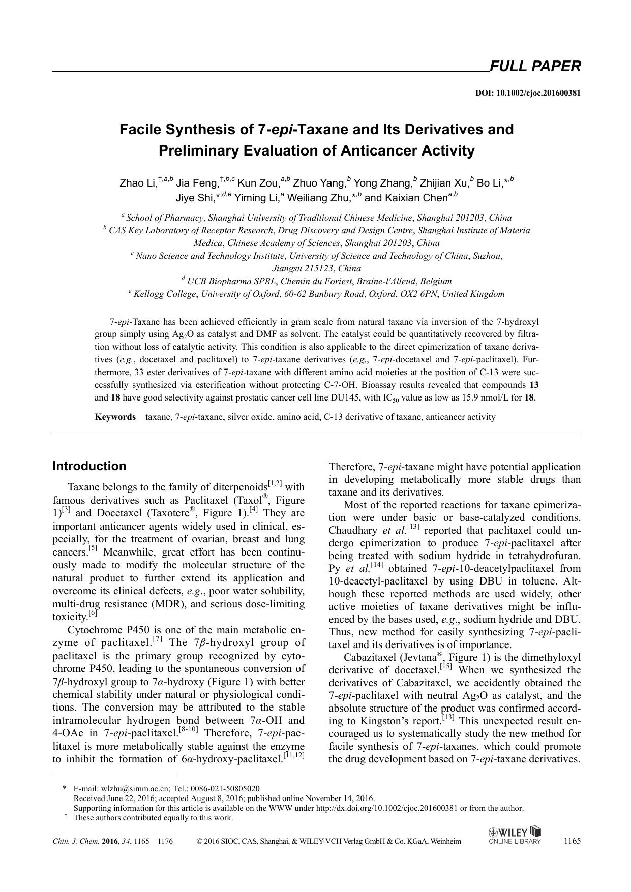 Facile Synthesis of 7epiTaxane and Its Derivatives and Preliminary Evaluation of Anticancer Activity by lenovo